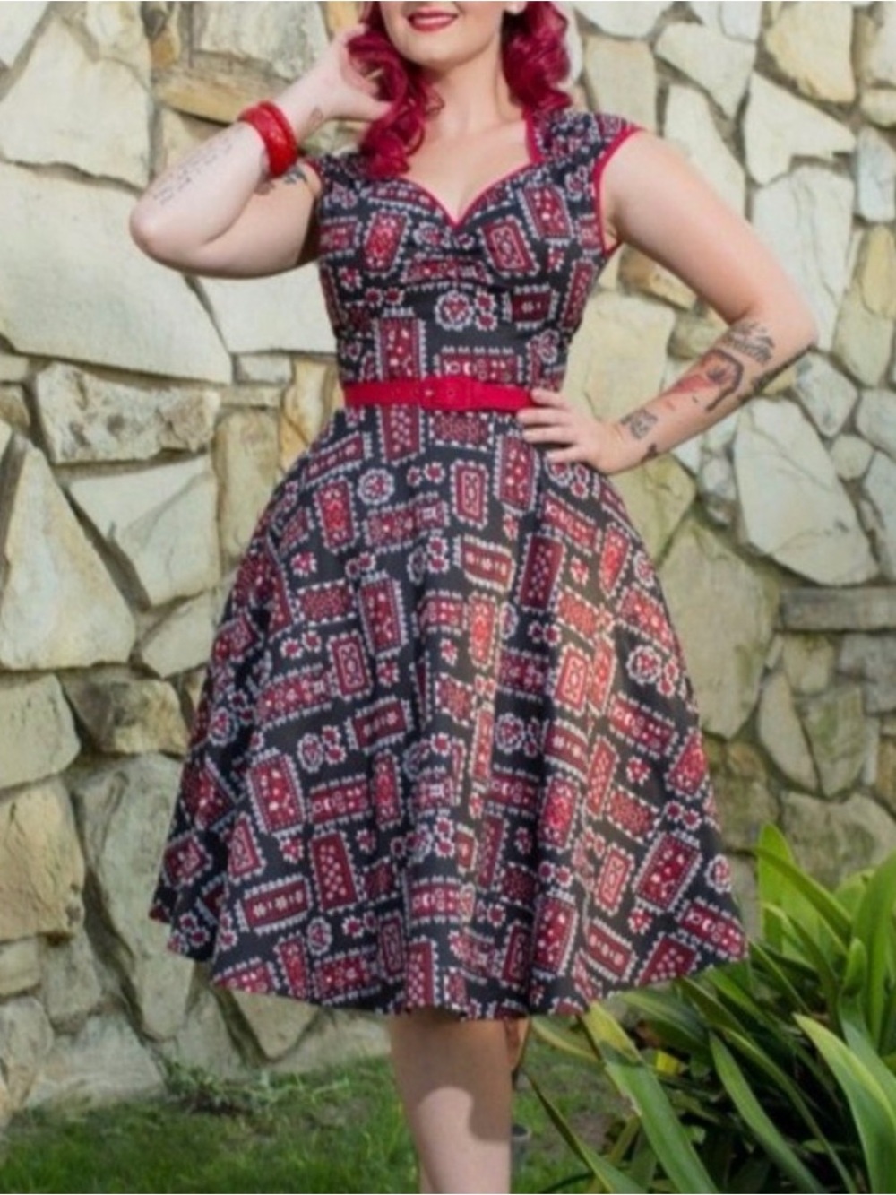 Pinup Couture Heidi Swing Dress in Black/Red Bandana Paisley Print